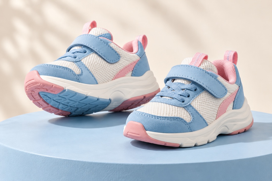 Blue and pink children’s sneakers