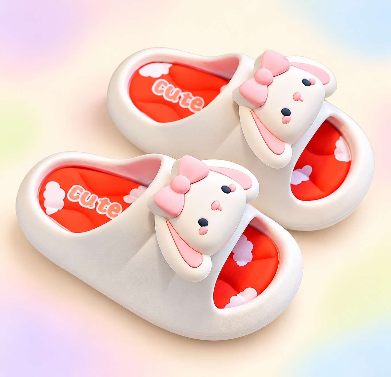 Bunny Face Slippers in Ivory & Coral