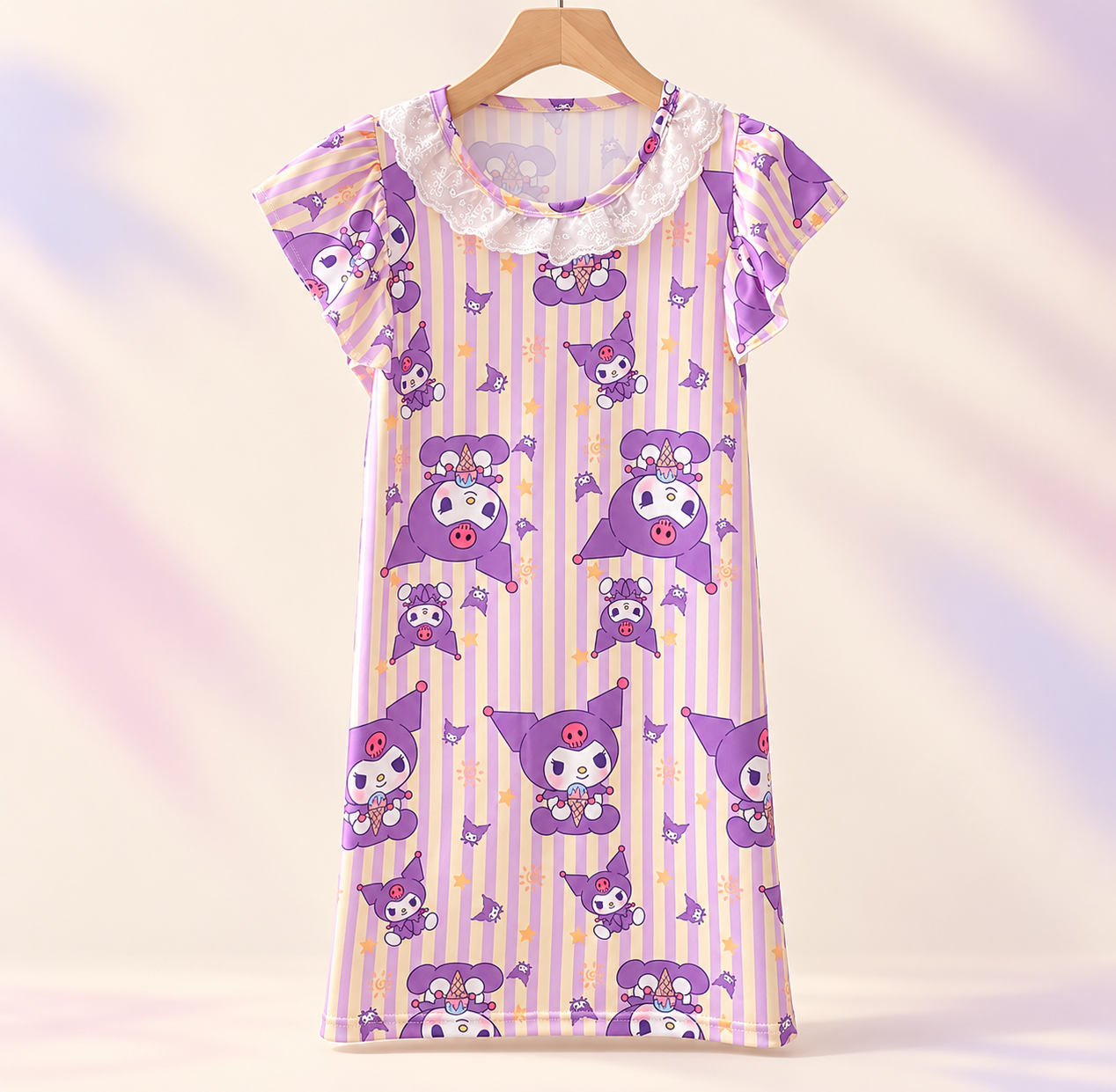 Lavender character-print nightgown on a branded studio background