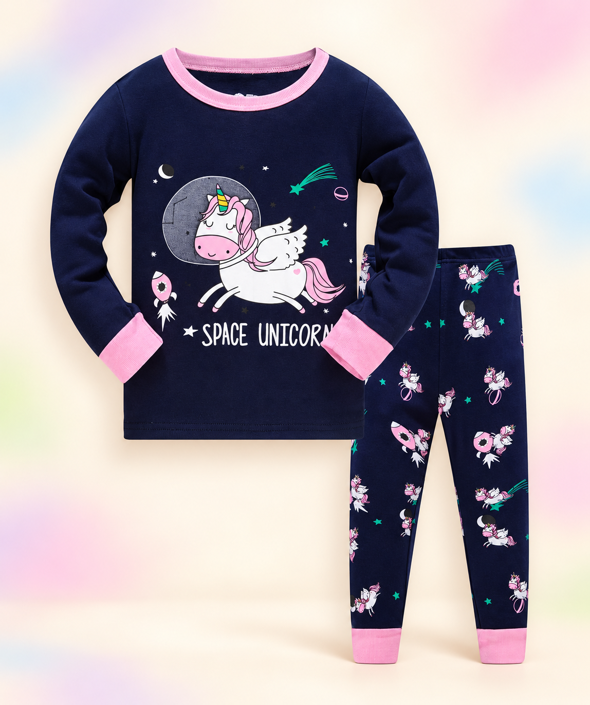Navy pajama set on a soft pastel branded studio background.