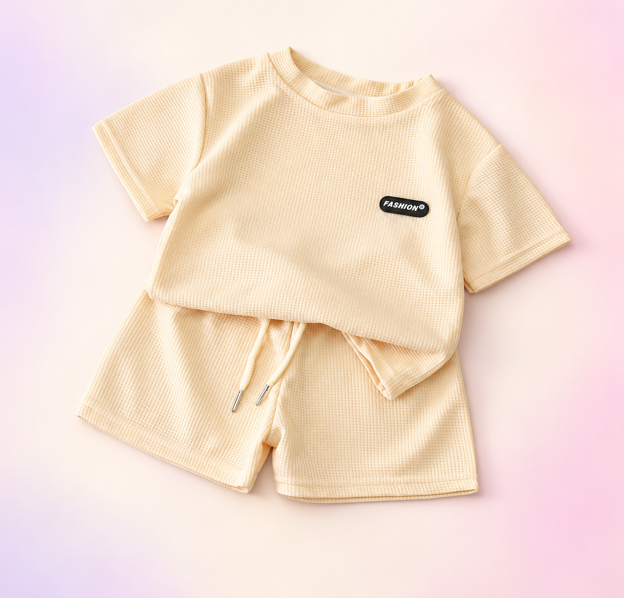 Cream waffle two-piece set on a branded studio background